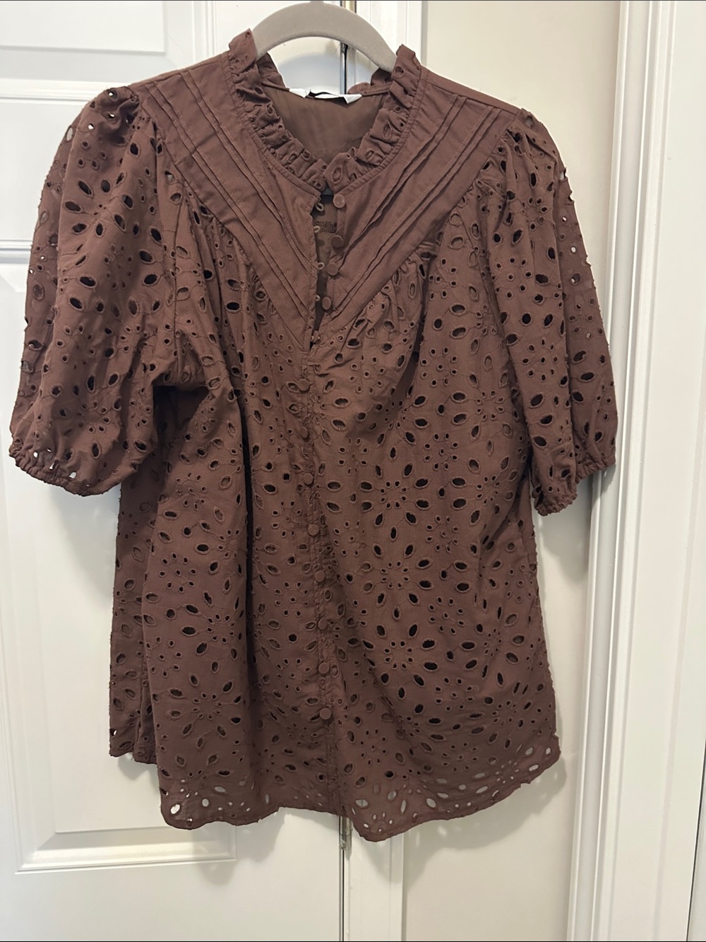 Pretty Garden Eyelet Puff-Sleeve Blouse in Brown